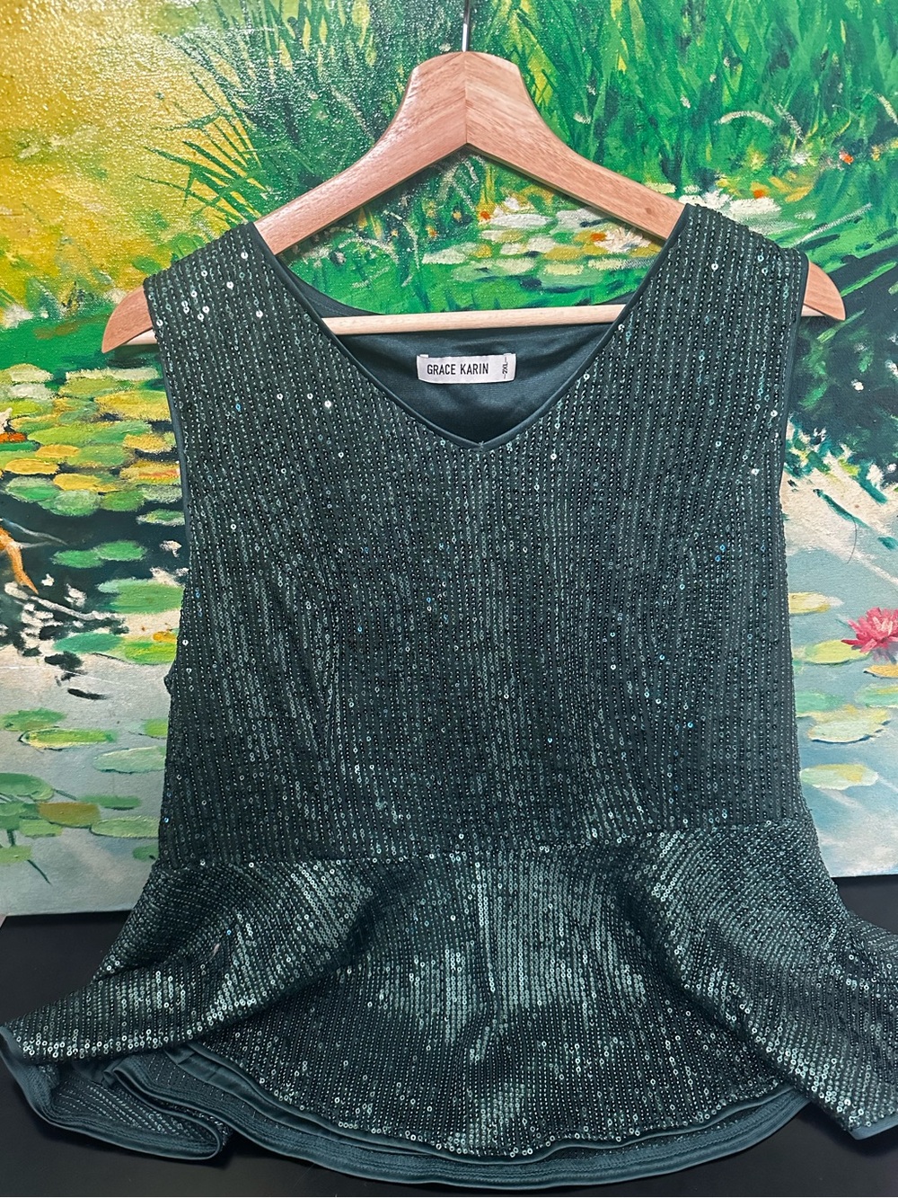 Grace Karin Dark Green Sequin Peplum Camisole